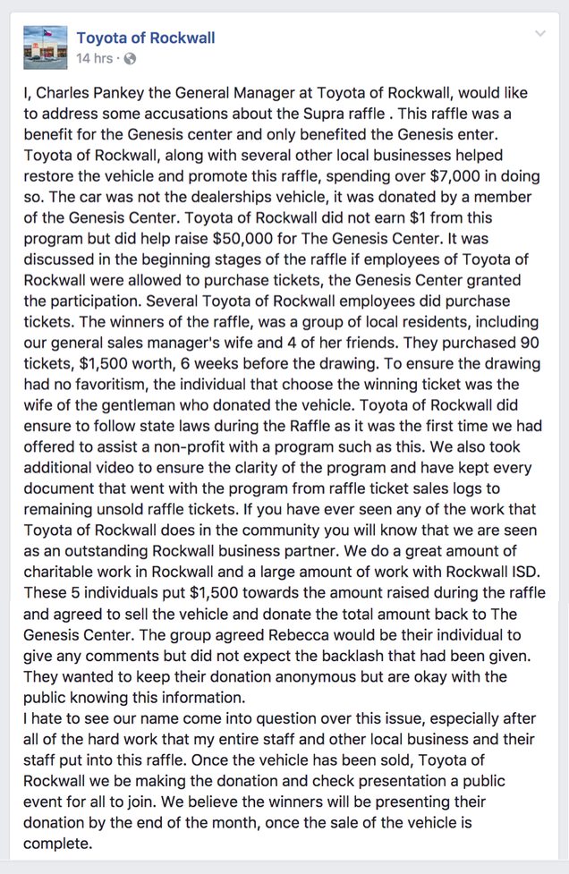 Illustration for article titled Toyota Dealer Blasted For Giving Supra To Sales Manager’s Wife In Charity Raffle